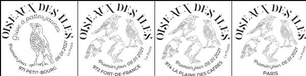 Oblitération 1er jour à Paris au carré d'Encre 3 bis rue des Mathurins, 75009 PARIS le 8 et 9 janvier 2021 et à FORT-DE-FRANCE (97209), LA PLAINE DES CAFRES (97418), PETIT-BOURG (97170)