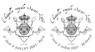 Oblitération 1er jour au carré d'Encre 3 bis rue des Mathurins, 75009 PARIS  et à la boutique de la Chapelle royale Saint-Louis de Dreux, 2 Square d'Aumale, 28100 DREUX.du 2 et 3 juillet 2021