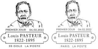 Oblitération 1er jour au carré d'Encre 3 bis rue des Mathurins et Musée Pasteur, maison natale de Pasteur, salle Touzet, 39100 Dôle du 4 au 6 février 2022