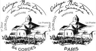 Oblitération 1er jour 23 et 24 juin 2023<br>- Au carré d'Encre 3 bis rue des Mathurins PARIS le 9 et 10 juin 2023 <br>- abbaye Notre-Dame de Sénanque (stand extérieur à l’entrée) 84220 GORDES.