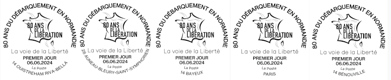 Oblitération 1er jour le 21 et 22 juin 2024<br>- Au carré d'Encre de 10h à 19h, 13 bis rue des Mathurins, 75009 PARIS<br>- Salle des Fêtes Général Patton, de 9h à 18h, 13 rue Guy de la Vasselais, 28700 AUNEAU-BLEURY-SAINT-SYMPHORIEN (uniquement le 6 juin).<br>- Office du tourisme, de 9h à 12h et de 14h à 17h, rue Saint-Jean, 14400 BAYEUX (uniquement les 6 et 7 juin).<br>- Mairie de BÉNOUVILLE, salle du Conseil Municipale, de 9h à 18h, 1 avenue du 5 juin 1944, 14970 BÉNOUVILLE (uniquement les 6 et 7 juin).<br>- Esplanade Alexandre LOFI, de 9h30 à 18h, 14150 OUISTREHAM RIVA-BELLA.