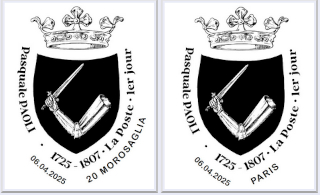 Oblitération 1er jour le 5 et 6 avril 2025<br>- Au carré d'Encre de 10h à 19h, 13 bis rue des Mathurins, 75009 PARIS (Fermé le lundi, Oblitération jusqu’à 17h). <br>-Musée Pascal Paoli, de 10h30 à 17h00, MERUSAGLIA) (20)