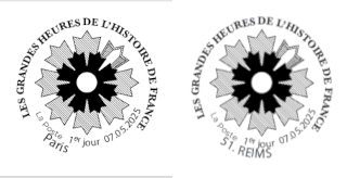 Oblitération 1er jour le 9 et 10 2025<br>- Au carré d'Encre de 10h à 19h, 13 bis rue des Mathurins, 75009 PARIS (Fermé le lundi, Oblitération jusqu’à 17h). <br> - Le mercredi 7 mai à la Mairie de Reims de 9h à 17h 9 place de l'Hôtel de Ville 51100 Reims<br> - le jeudi 8 mai au Musée de la Reddition de 10h à 18h 12 rue du Président Franklin Roosevelt 51100 Reims