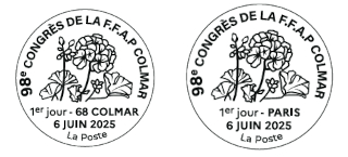 Oblitération 1er jour du 6 au 9 juin 2025<br>- Au carré d'Encre de 10h à 19h, 13 bis rue des Mathurins, 75009 PARIS (Fermé le lundi, Oblitération jusqu’à 17h). <br> - De 10h à 18h du vendredi 6 au dimanche 8 juin  et de 10h à 16h le lundi 9 juin, au Parc des Expositions de Colmar, AVENUE DE LA FOIRE AUX VINS 68000 COLMAR.