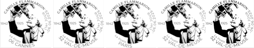 Oblitération 1er jour le 6 et 7 juin 2025<br>- Au carré d'Encre de 10h à 19h, 13 bis rue des Mathurins, 75009 PARIS (Fermé le lundi, Oblitération jusqu’à 17h). <br> - Bureau de Poste Cannes Croisette, le vendredi de 9h à 18h, 22 rue du Bivouac Napoléon, 06400 CANNES. <br> - Observatoire Camille FLAMMARION, le vendredi de 9h à 12h30 et de 14h à 18h et le samedi de 9h à 12h30 et de 14h à 18h, 20 avenue de la Cour de France 91260 JUVISY-SUR-ORGE. <br> - Bureau de Poste Marseille Chartreux, le vendredi de 9h à 12h et de 13h30 à 17h, 182 Avenue des Chartreux, 13006 MARSEILLE. <br> - Bureau de Poste, le vendredi de 10h45 à 12h et de 13h30 à 16h, 18 rue Cornevin, 52140 VAL-DE-MEUSE.