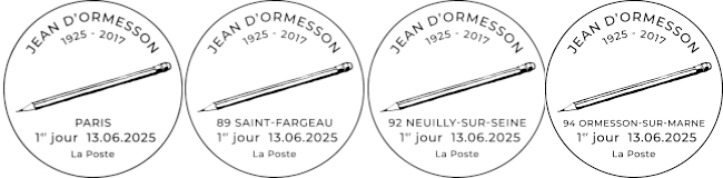Oblitération 1er jour du 13 au 14 juin 2025<br>- Au carré d'Encre de 10h à 19h, 13 bis rue des Mathurins, 75009 PARIS (Fermé le lundi, Oblitération jusqu’à 17h). <br> - Bureau de Poste de Neuilly SABLONS, le vendredi de 9h à 19h et le samedi de 9h à 12h30, 4 Rue Louis Philippe, 92200 NEUILLY-SUR-SEINE <br> - Médiathèque Jean d’Ormesson, le vendredi de 10h à 17h, 1 rue Antoine Pinay, et le samedi au bureau de poste, de 9h30 à 12h, 15 avenue Wladimir d'Ormesson, 94490 ORMESSON-SUR-MARNE. <br> - Musée de L'Aventure du Son, de 10h à 17h, 2 place des Augustins, 89170 SAINT FARGEAU.