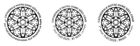 Oblitération 1er jour le 11 et 12 juillet 2025<br>- Au carré d'Encre de 10h à 19h, 13 bis rue des Mathurins, 75009 PARIS (Fermé le lundi, Oblitération jusqu’à 17h). <br> - Carré d’Imprimerie, le vendredi de 9h à 16h30, ZI avenue Benoit Frachon, 24750 BOULAZAC ISLE MANOIRE <br> -Chapelle canoniale, le vendredi de 9h30 à 18h, 1 place du Général de Gaulle, 61500 SÉES.