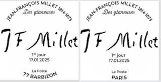 Oblitération 1er jour le 17 et 18 janvier 2025<br>- Au carré d'Encre de 10h à 19h, 13 bis rue des Mathurins, 75009 PARIS<br>- Bureau de poste, le vendredi de 9h à 12h et de 14h à 17h et le samedi de 9h à 12h, 20 grande rue, 77630 BARBIZON.